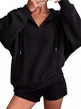 Medium Half Zip Up Oversized Black Hoodie for Women - Cozy Fall Sweatshirt